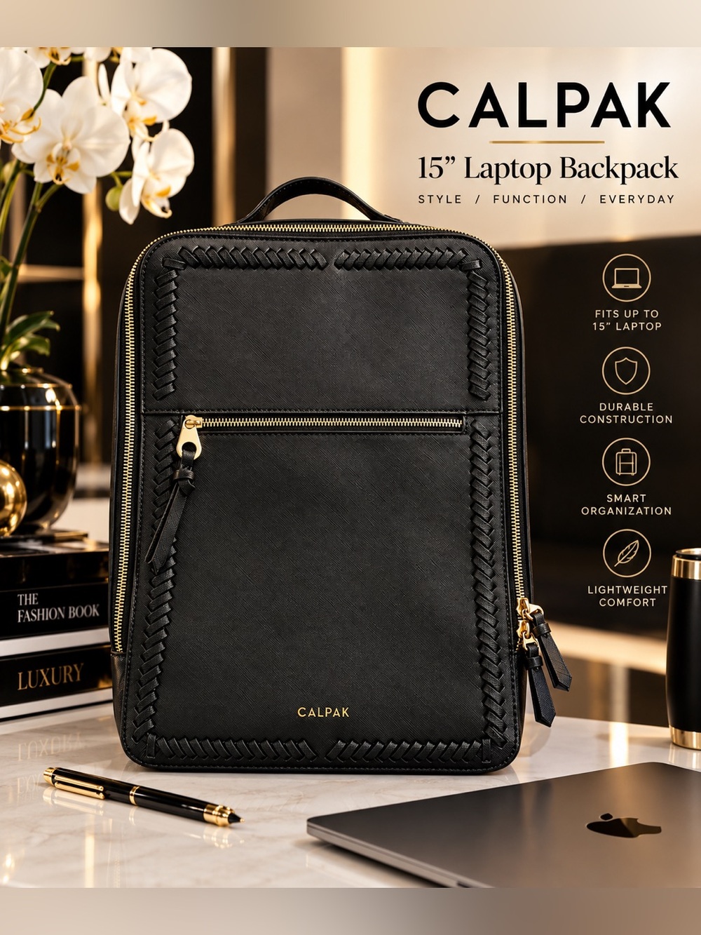 Calpak Black Laptop Backpack with Gold Hardware